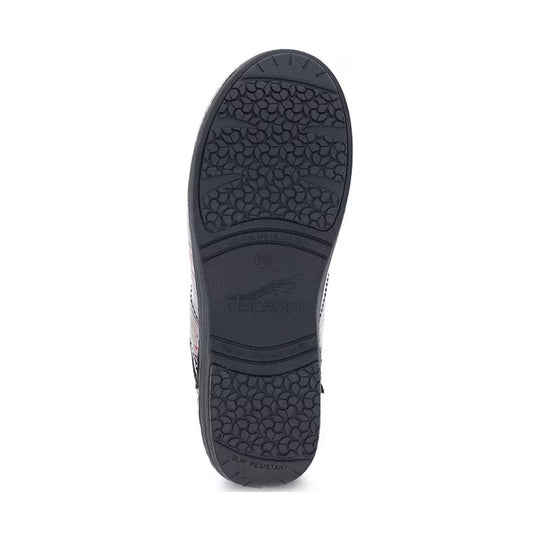Black shoe outsole with textured tread and slip-resistant marking