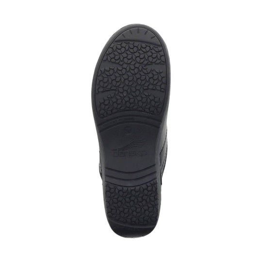 Black shoe outsole with textured tread and embossed logo near the arch