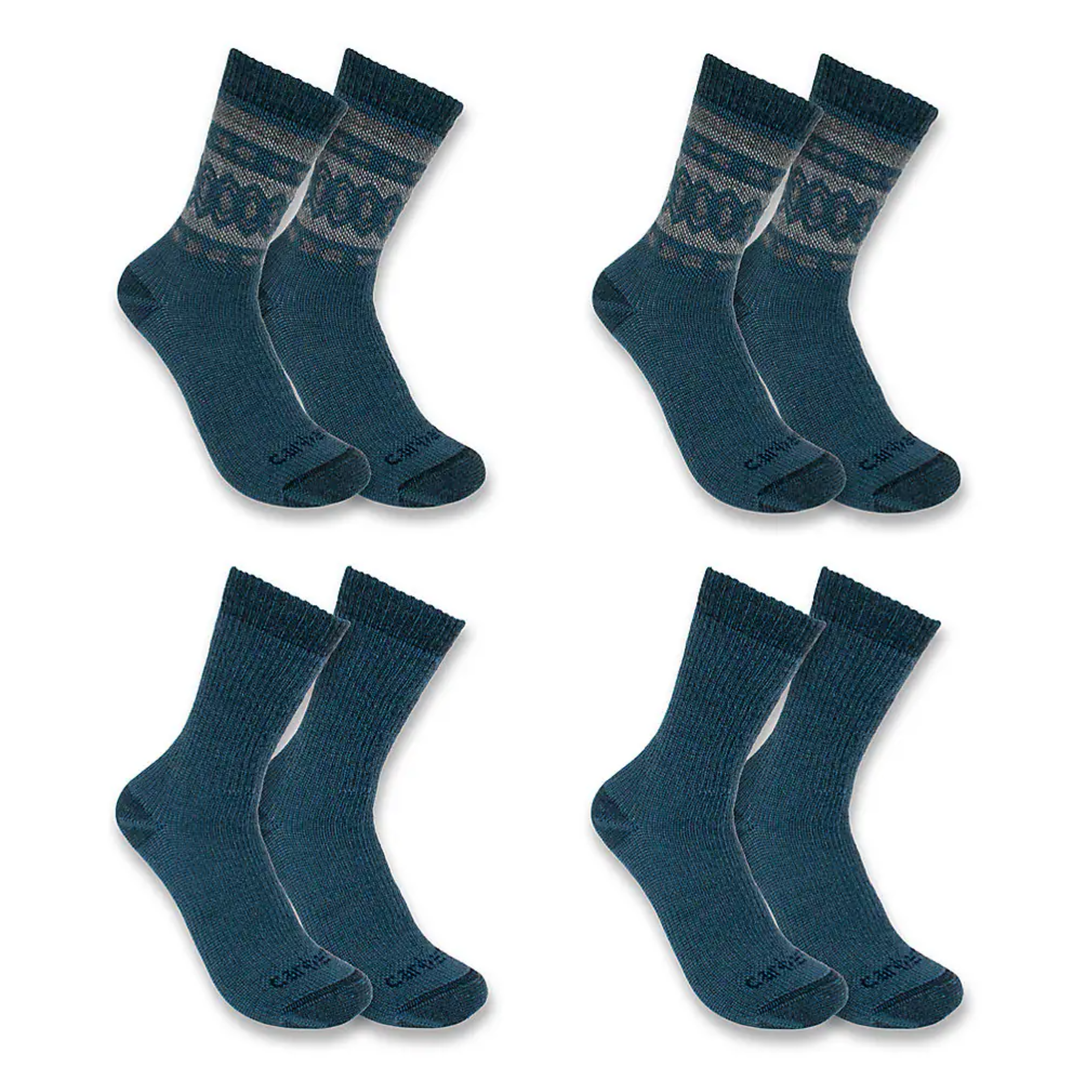Four pairs of Carhartt Women's Heavyweight 2 Pack Crew Socks - Dark Blue on a plain white background