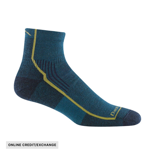 Blue and teal quarter hiking sock with yellow trim and visible brand text