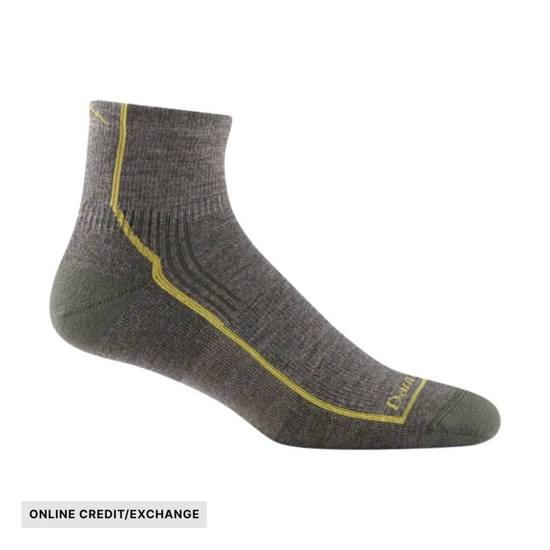 Gray ankle hiking sock with yellow seam accents and visible "Darn" branding on the toe