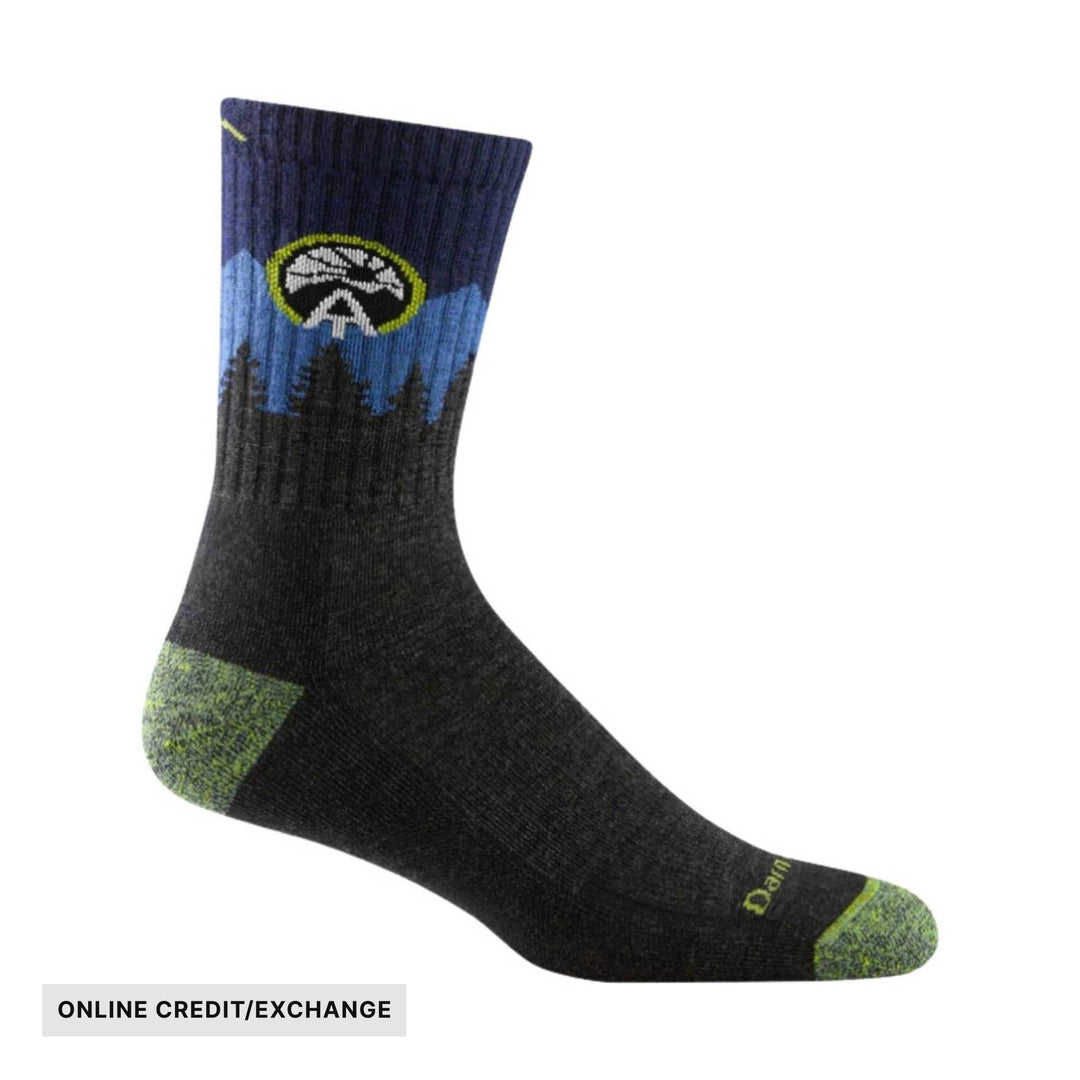 Black hiking crew sock with blue and green mountain and forest design