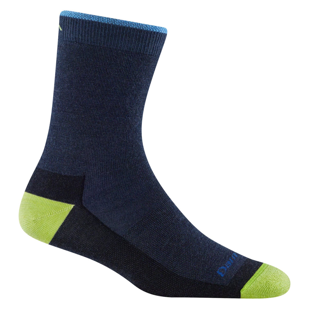 Navy crew hiking sock with lime green heel and toe and light blue cuff trim