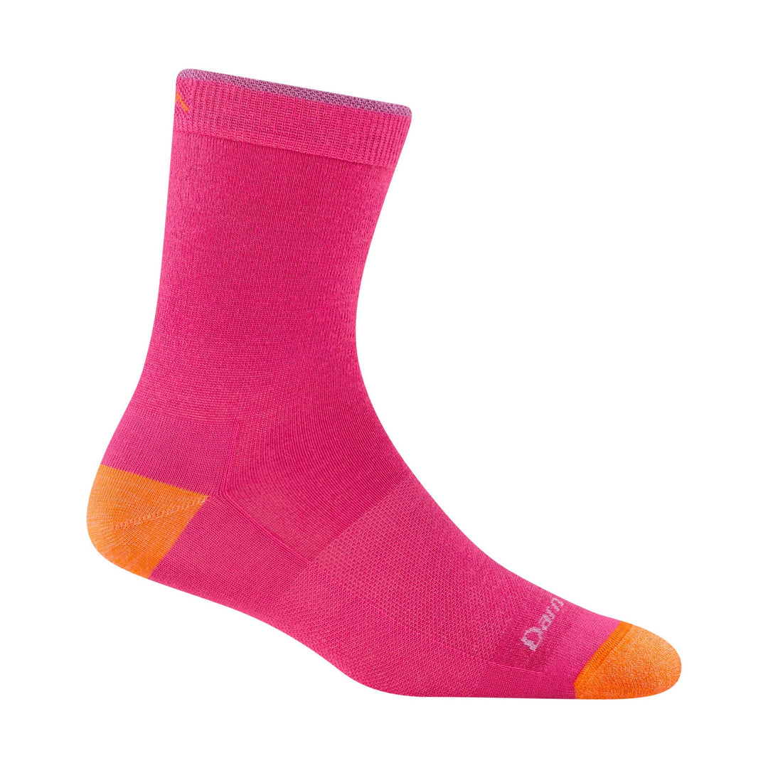 Bright pink crew sock with orange toe and heel accents