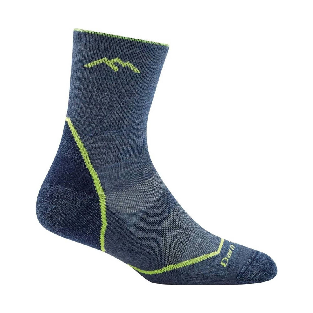 Blue crew hiking sock with lime green accents and stitched logo