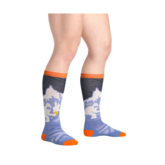 Kids over-the-calf ski socks in blue, gray, and orange with a snowy character pattern and orange cuffs and toes