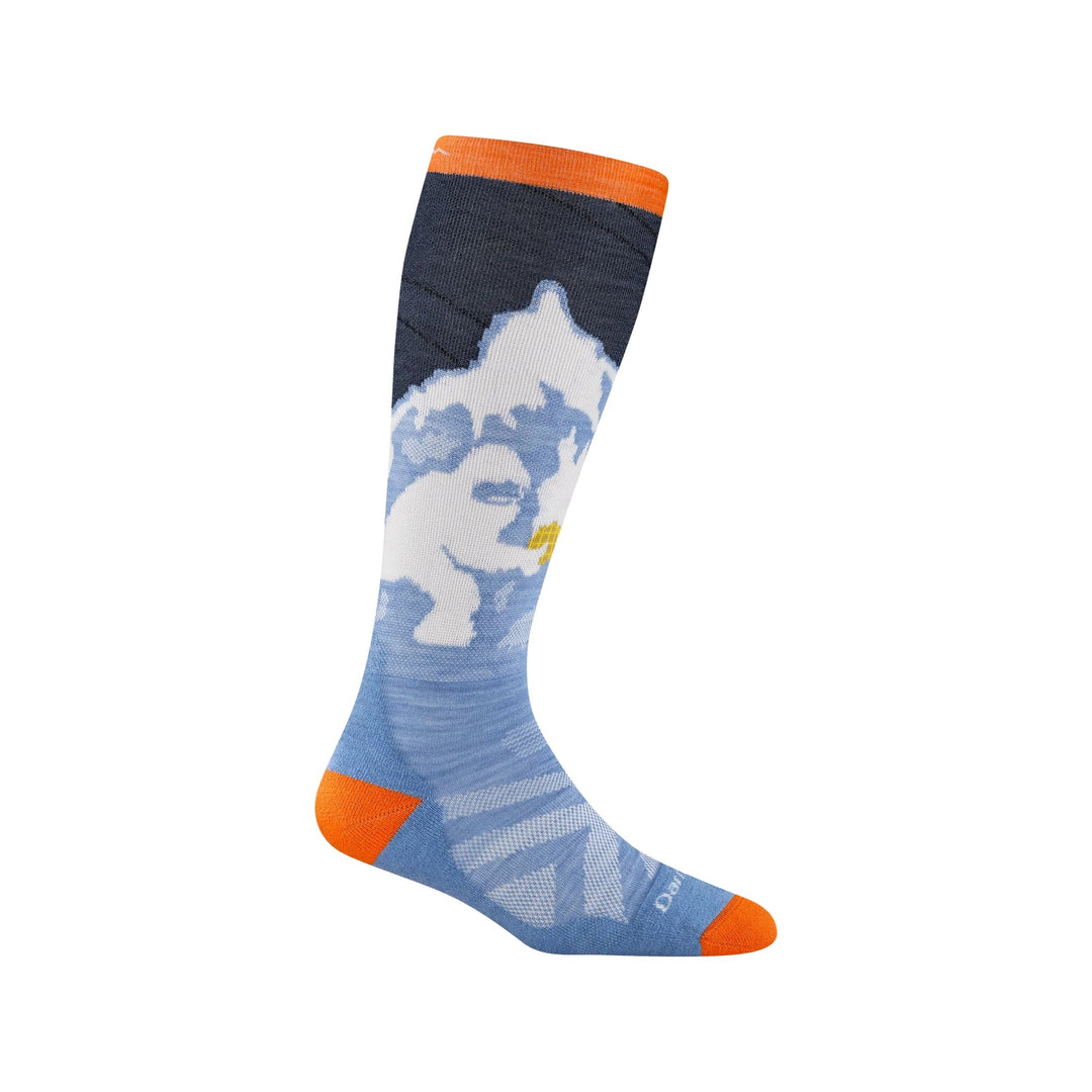 Knee-high patterned sock with orange cuff, heel and toe, and light blue cloud-and-mountain design