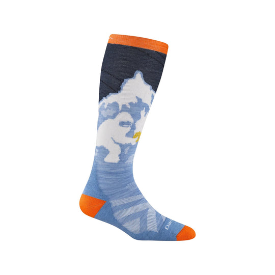 Knee-high patterned sock with orange cuff, heel and toe, and light blue cloud-and-mountain design