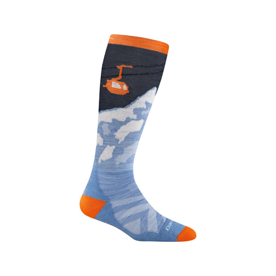 Knee-high ski sock with orange cuff and toe, dark navy upper, and light blue cloud and mountain pattern.