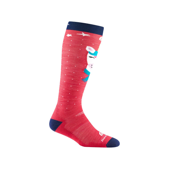 Red knee-high sock with navy cuff, heel, and toe, plus a white unicorn graphic.