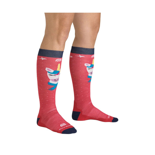 Red over-the-calf socks with dark cuffs, toes, and heels, featuring a unicorn pattern