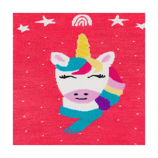 Raspberry kids' unicorn sock with rainbow mane, closed eyes, and stars
