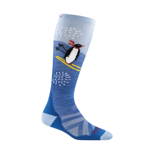 Blue over-the-calf ski sock with a penguin and snowflake patterns