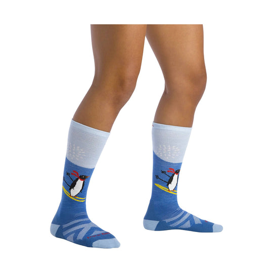 Blue over-the-calf kids' ski socks with penguin graphic, light gray cuffs, and matching light gray toes