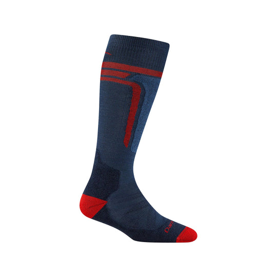 Navy knee-high ski sock with red stripes and red heel and toe