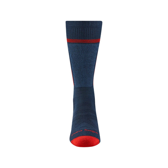 Navy over-the-calf ski sock with a red stripe and red heel and toe