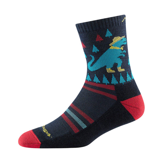 Dark navy kids' crew sock with a colorful dinosaur pattern and red toe and heel
