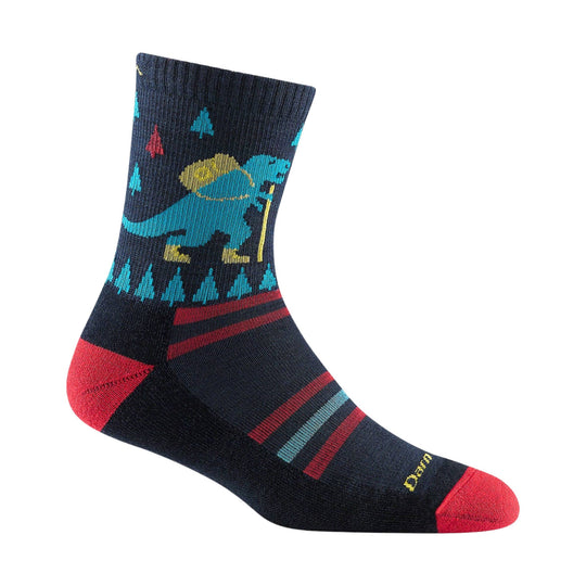 Black kids' crew sock with a blue dinosaur and red heel and toe
