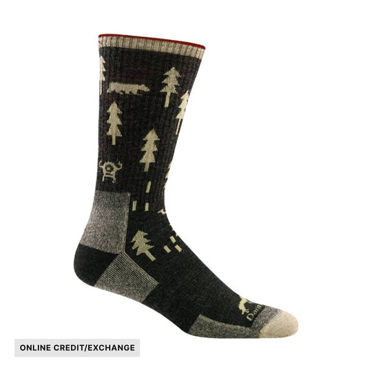 Black midweight hiking sock with tan tree and road pattern, gray heel and toe, and ONLINE CREDIT/EXCHANGE text