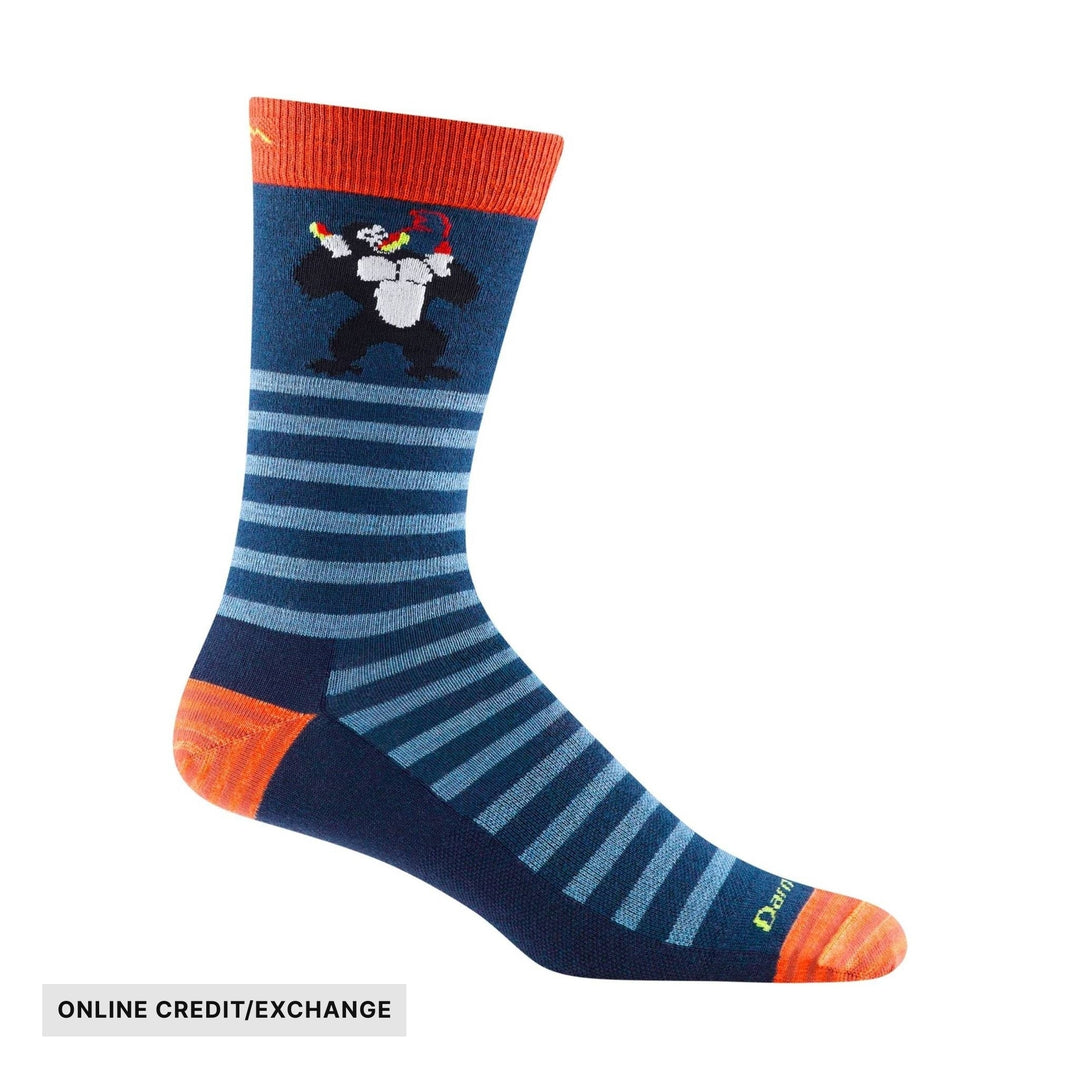 Blue patterned crew sock with orange cuff, heel, and toe, plus a small animal graphic near the top