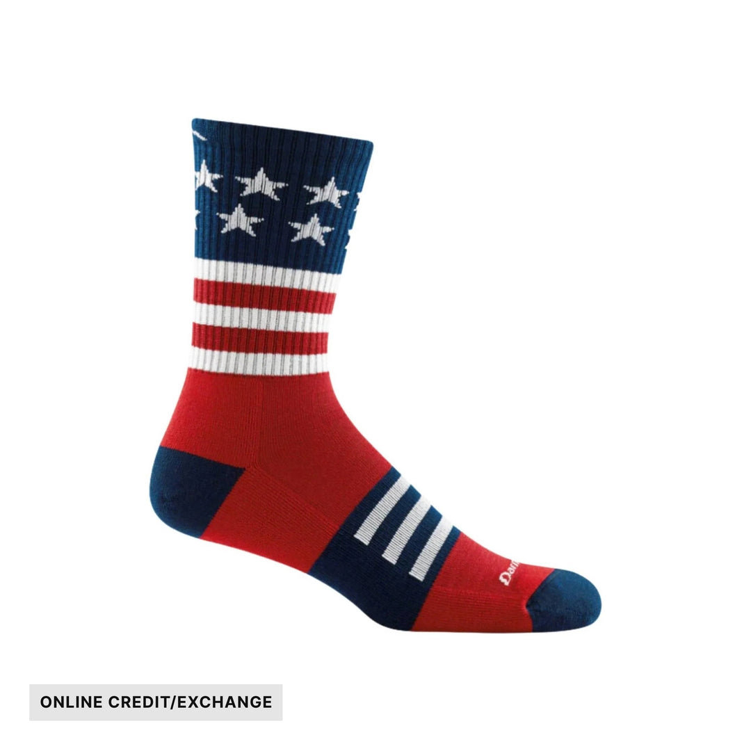 Red, white, and navy crew sock with stars and stripes, shown in profile with an ONLINE CREDIT/EXCHANGE banner
