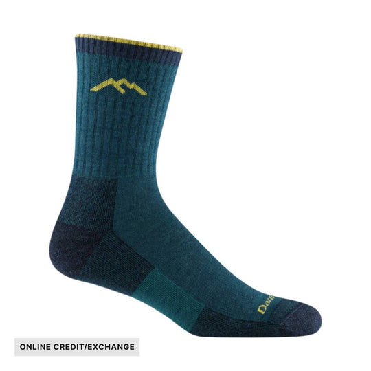 Dark teal crew sock with yellow trim and a yellow mountain logo