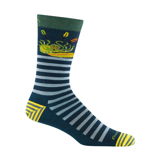 Dark teal crew sock with light gray stripes, yellow toe accents, and a colorful animal pattern near the cuff