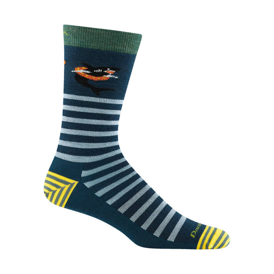 Dark teal crew sock with gray stripes, yellow accents, and a small animal graphic near the cuff