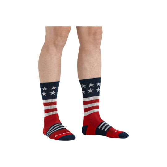 Red, white, and navy crew socks with stars and stripes pattern