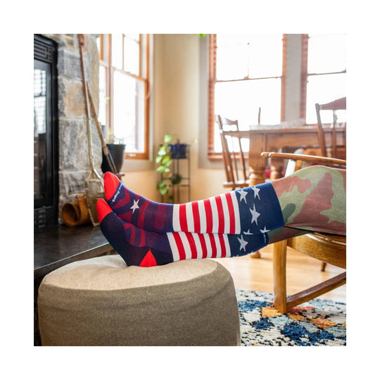 Pair of over-the-calf socks with red, white, and blue American flag pattern