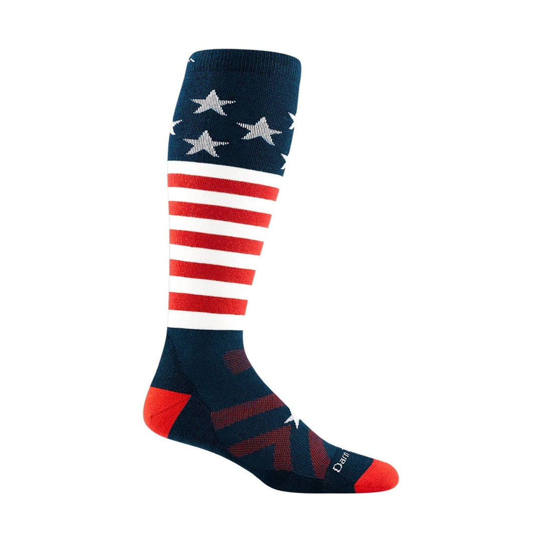 Over-the-calf sock with navy stars, red and white stripes, and red toe and heel.