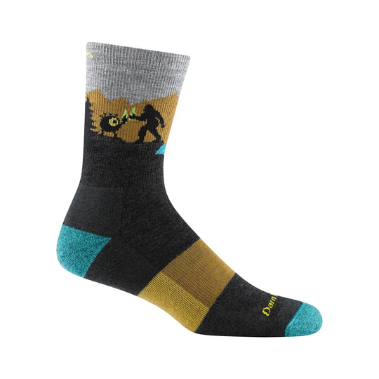 Charcoal hiking sock with gray cuff, tan and turquoise accents, and a mountain and animal graphic near the top