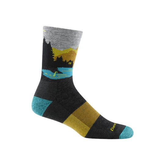 Black and gray hiking sock with blue and mustard bands and a landscape graphic