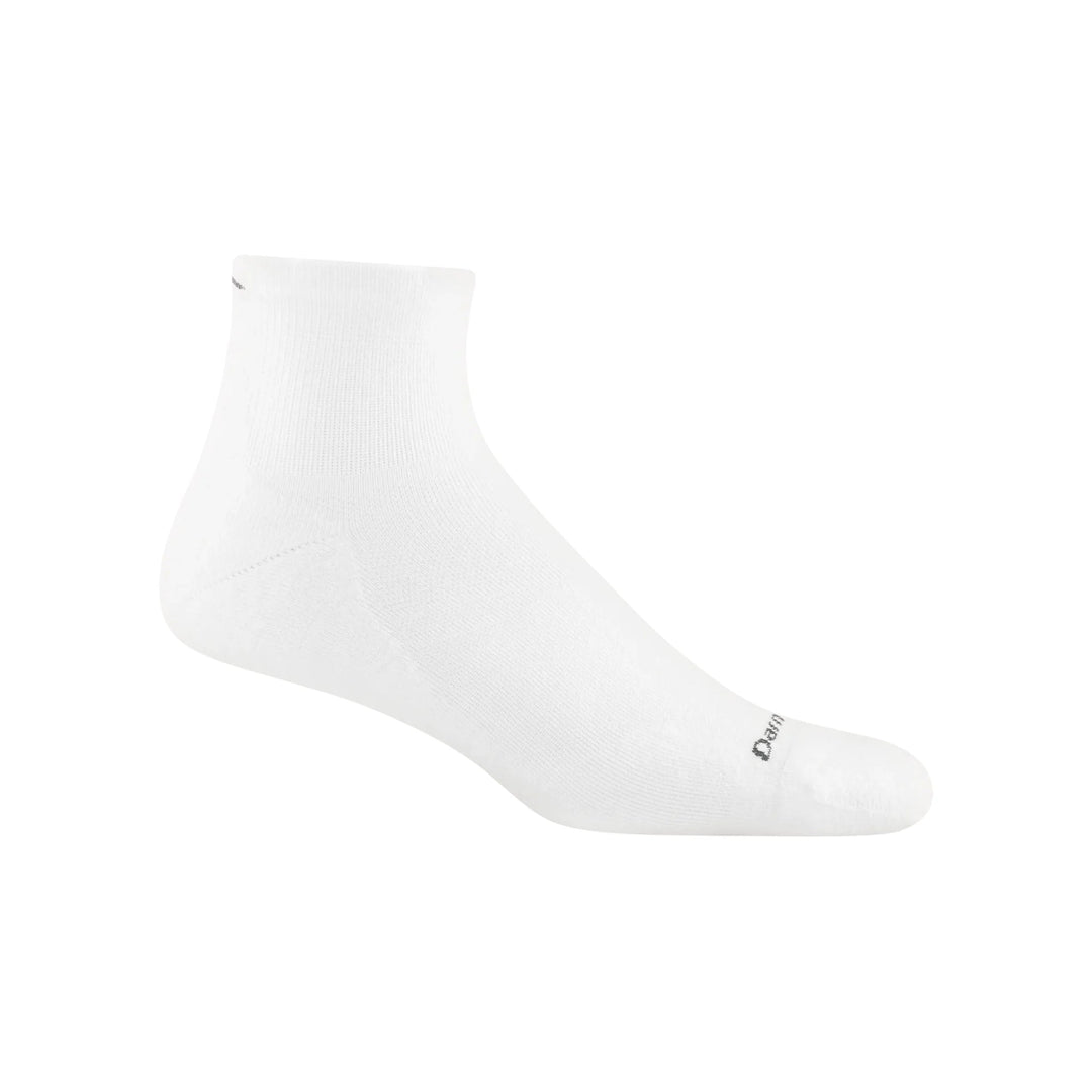White quarter-length running sock with a ribbed cuff and small ankle logo