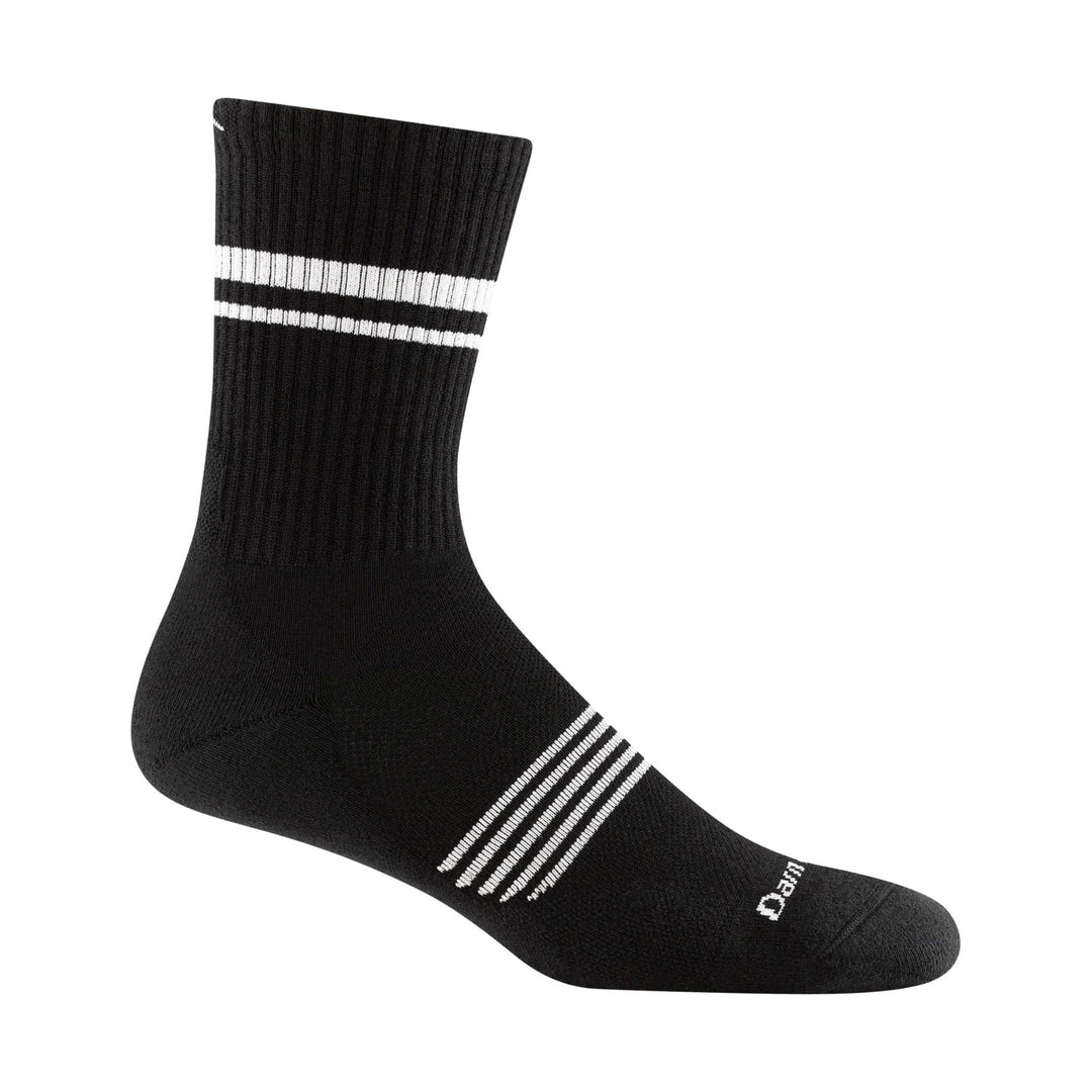 Black crew running sock with white stripe bands near the cuff and midfoot, shown in side view