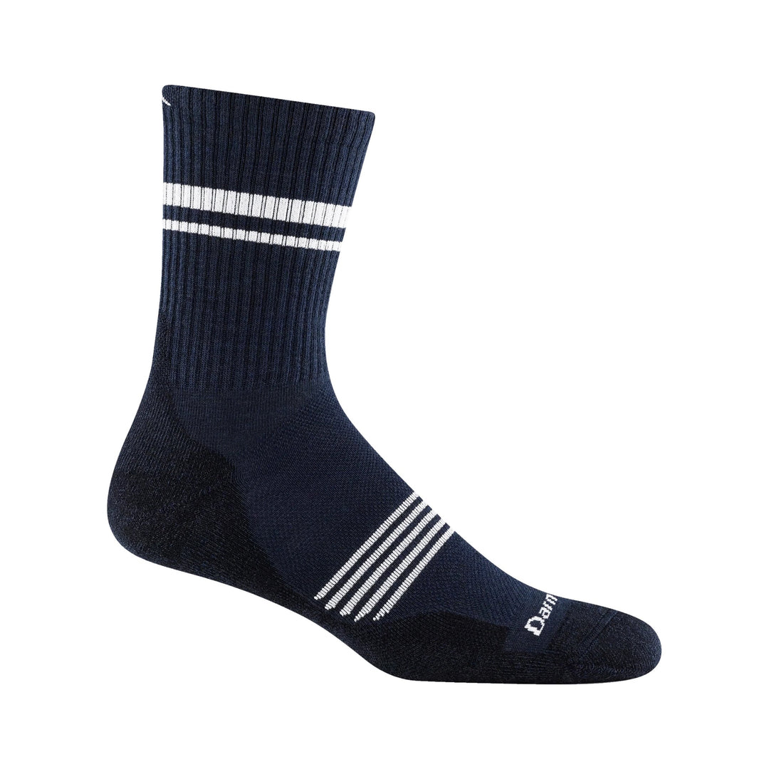 Navy crew sock with white stripes and visible Darn Tough text