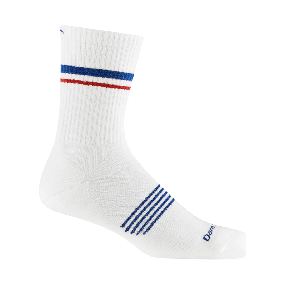 White crew sock with blue and red stripes near the top and blue stripes near the foot