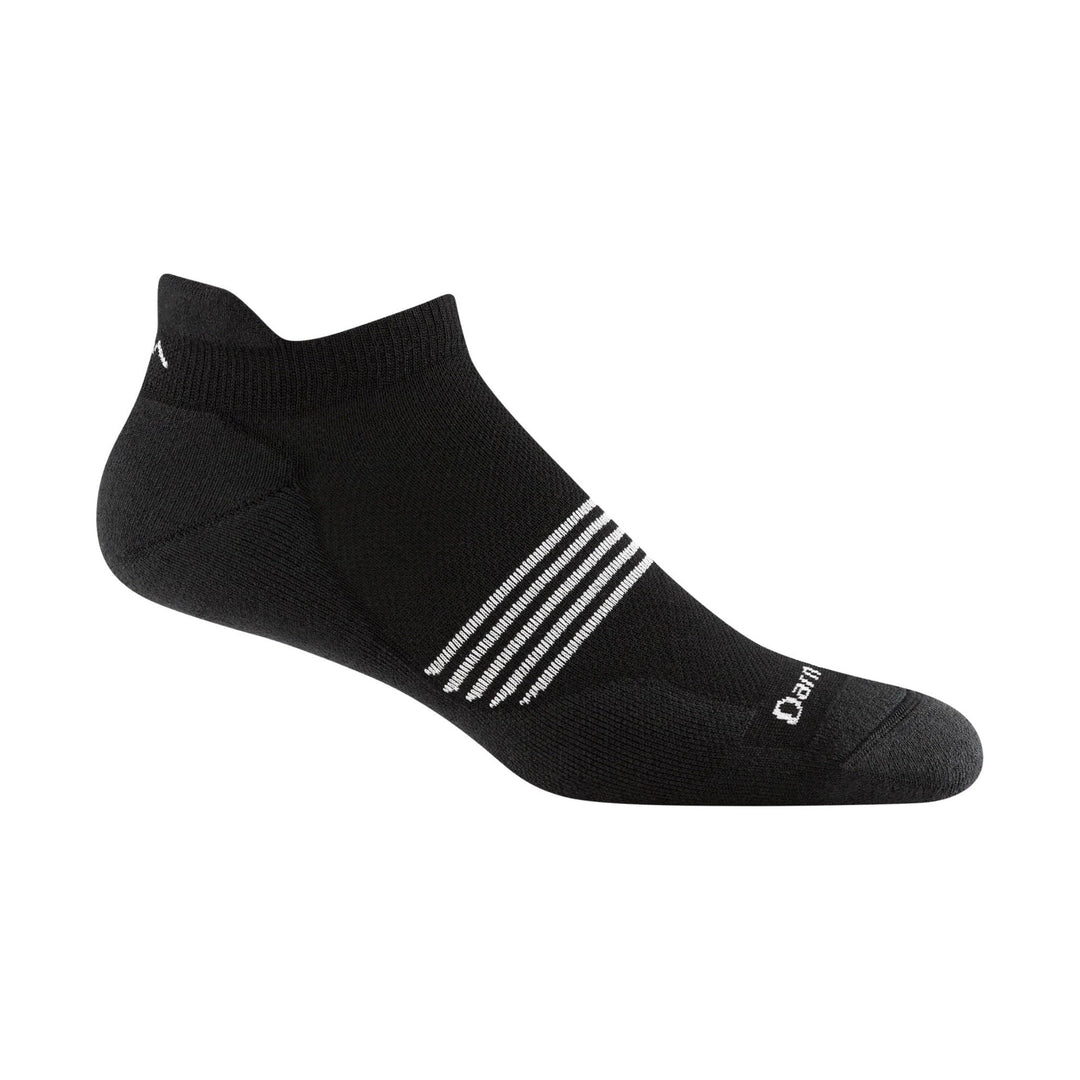 Black ankle running sock with white stripe details and small logo text near the toe