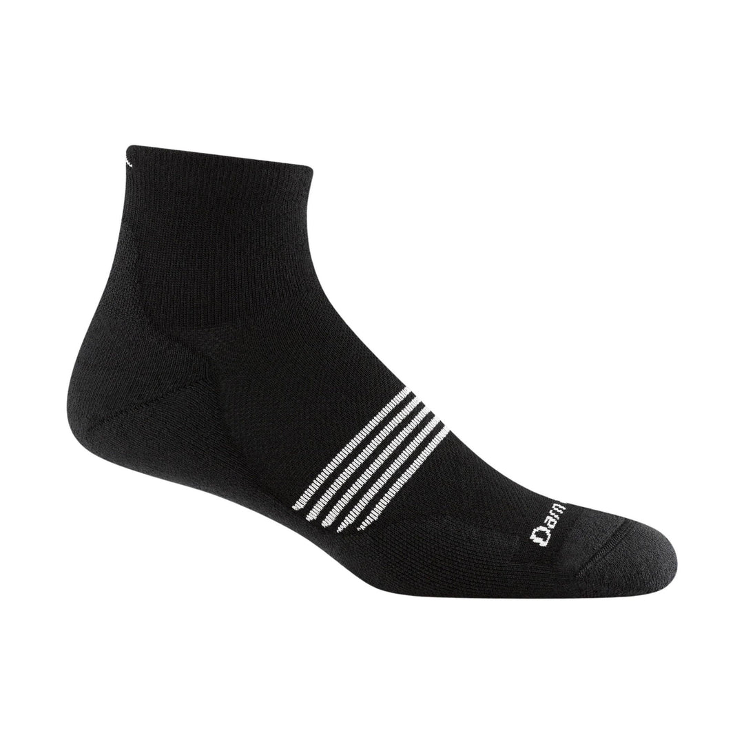 Black ankle running sock with white stripe accents and partial Darn text