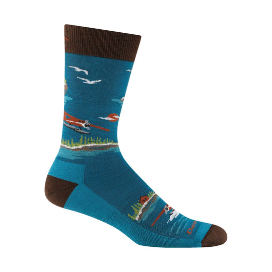 Blue crew sock with brown cuff and toe, featuring a float plane and water scene pattern