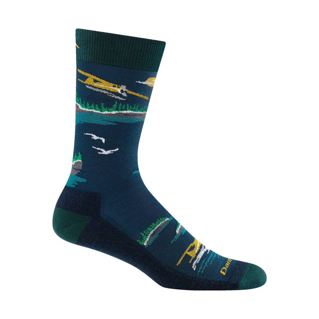 Navy crew sock with a float plane and landscape pattern