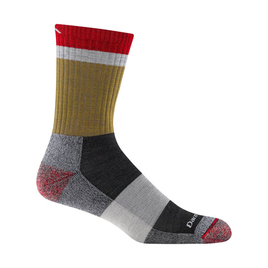 Multicolor ribbed hiking sock with red cuff, gray stripes, and black heel and toe