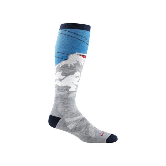 Over-the-calf gray ski sock with blue cuff, mountain graphic, and dark toe and heel.
