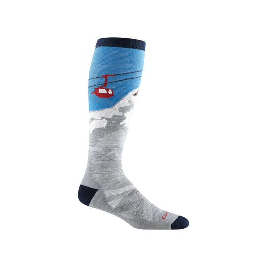 Over-the-calf ski sock with a blue top, gray lower section, and red ski-lift graphic