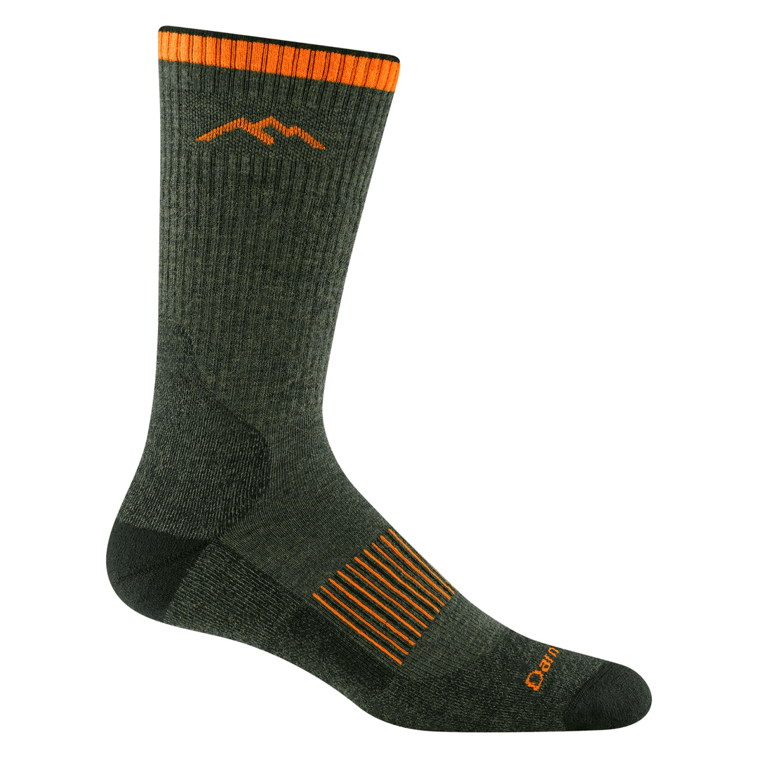 Olive green midweight boot sock with orange cuff stripes, orange logo, and orange arch support lines