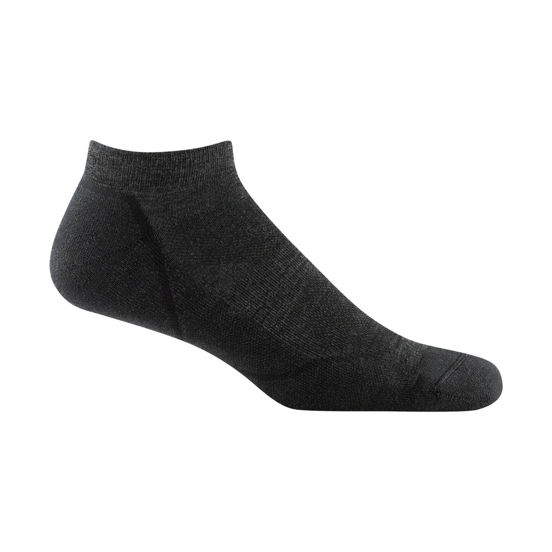 Black ankle-length no-show sock with a ribbed cuff and low-cut heel shape
