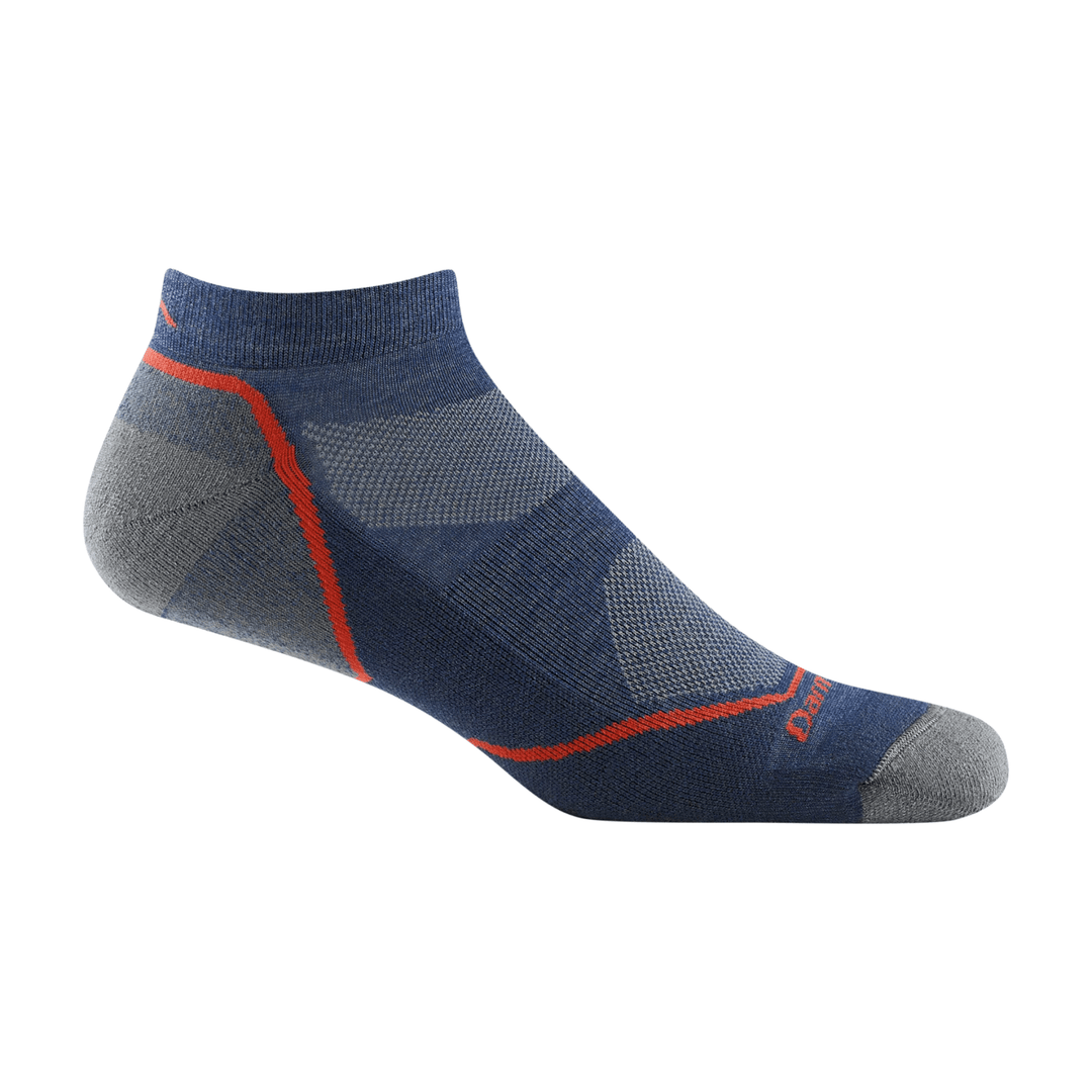 Blue and gray ankle sock with orange accent stitching and a ribbed cuff, shown in side view