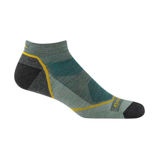 Ankle-length hiking sock in gray, teal, and yellow with a black heel and toe