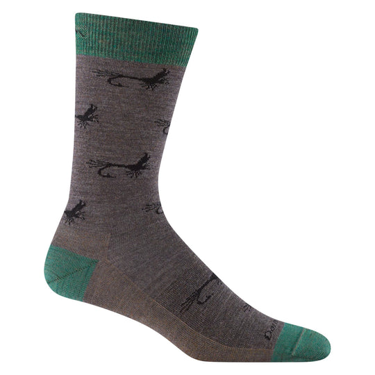 Taupe crew sock with green cuff, heel, and toe, patterned with black lizards