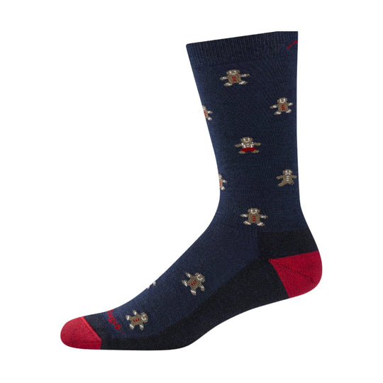 Navy crew sock with small gingerbread-man pattern and red heel and toe